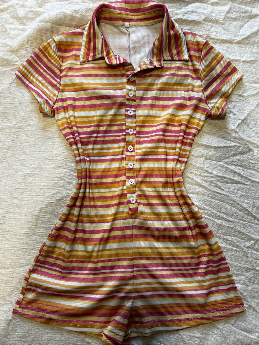 Striped Polo Romper in Pink and Mustard - Women One Piece - Large